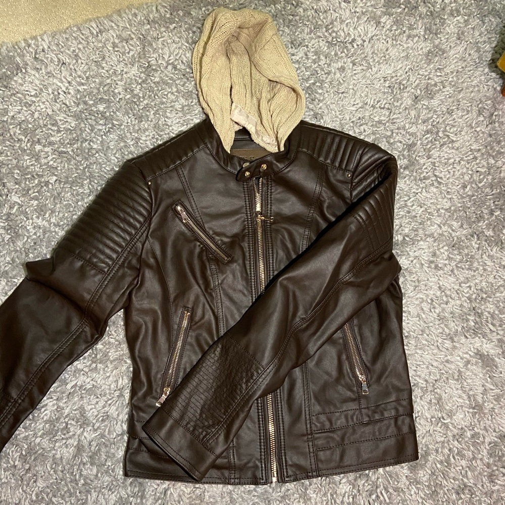 Pleather Bomber jacket with a detachable hood
